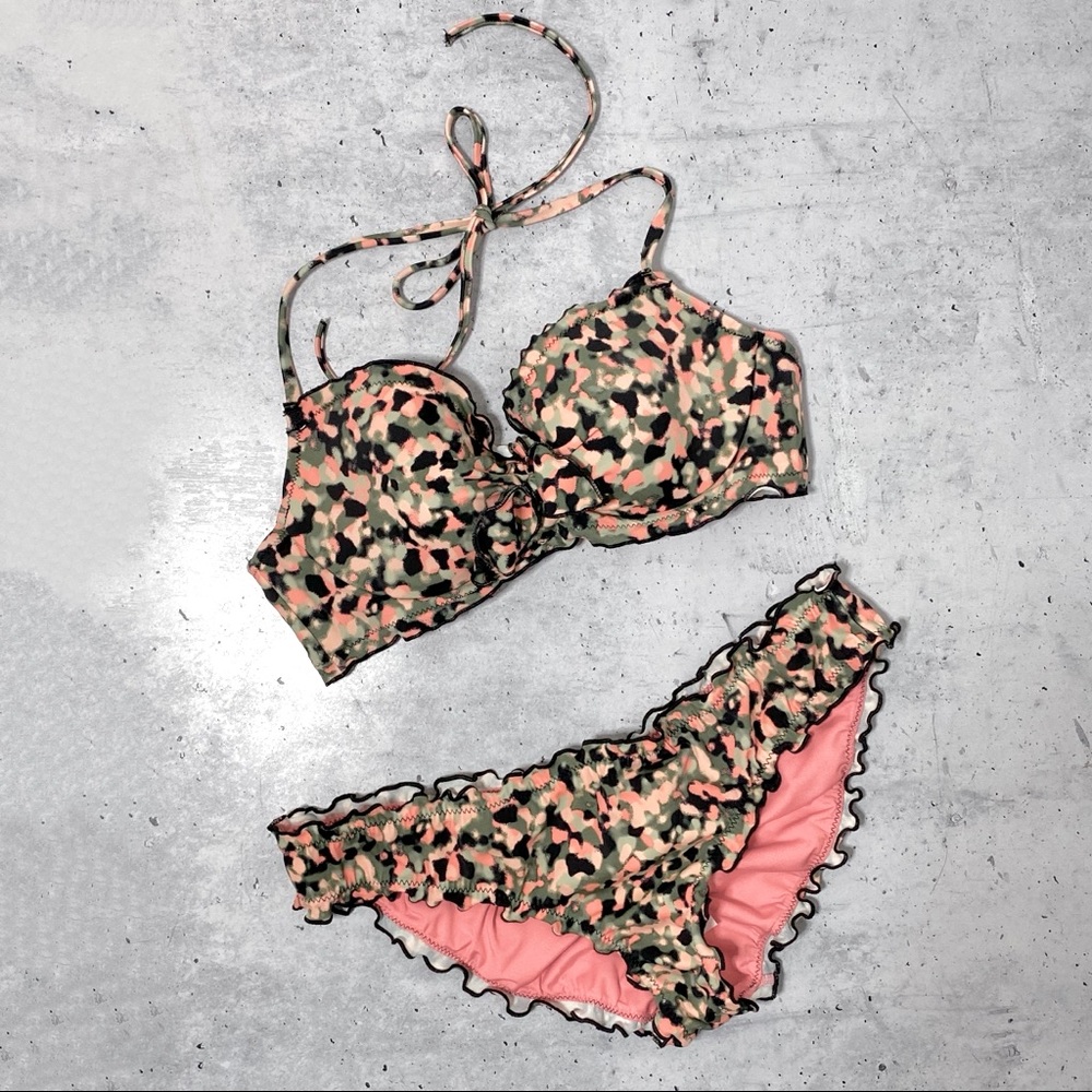 SunDazed pink green print ruffle edge bikini M